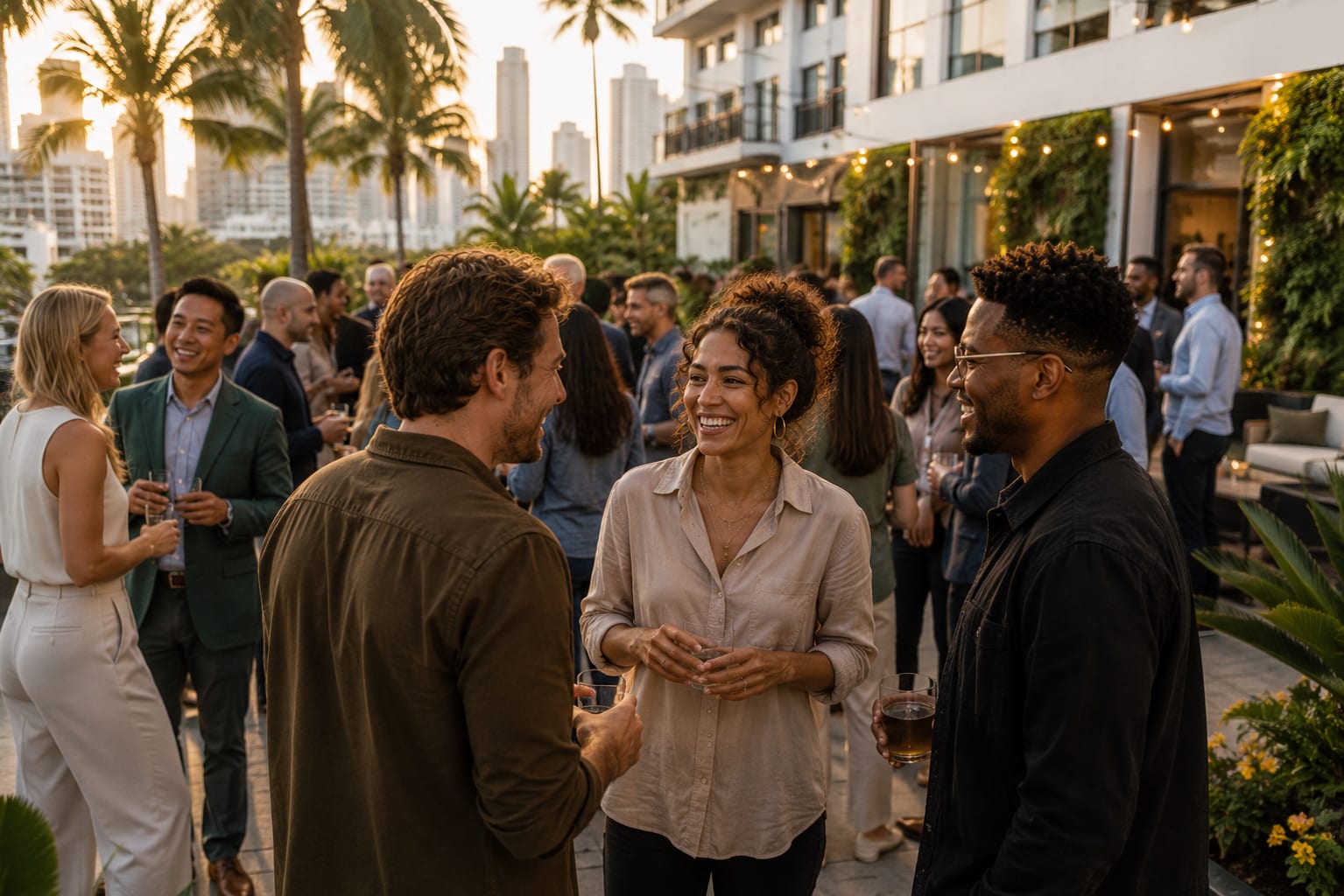 HUMN members talking over drinks at a rooftop gathering at golden hour, palms and a city skyline behind them.