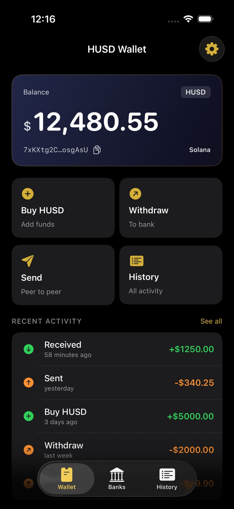 The HUSD Wallet screen in the HUMN app: a balance on Solana above Buy HUSD, Withdraw, Send peer-to-peer and History, then a list of recent transfers.