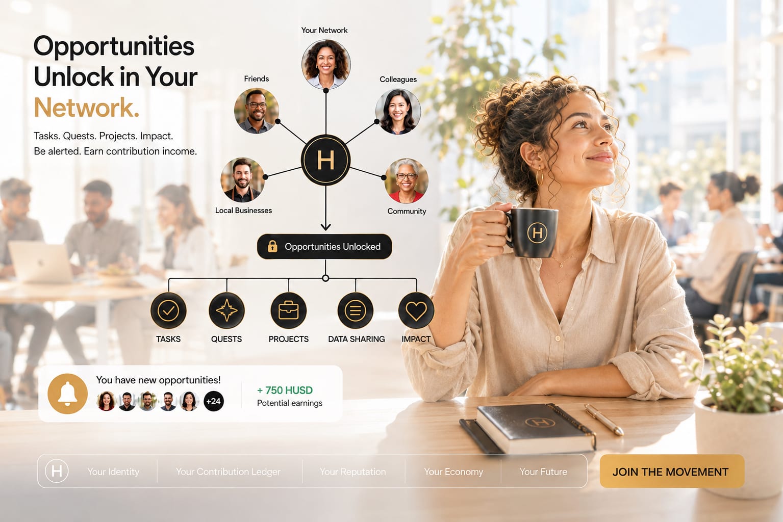 Friends, colleagues, local businesses and community connect through HUMN, unlocking tasks, quests, projects, data sharing and impact.